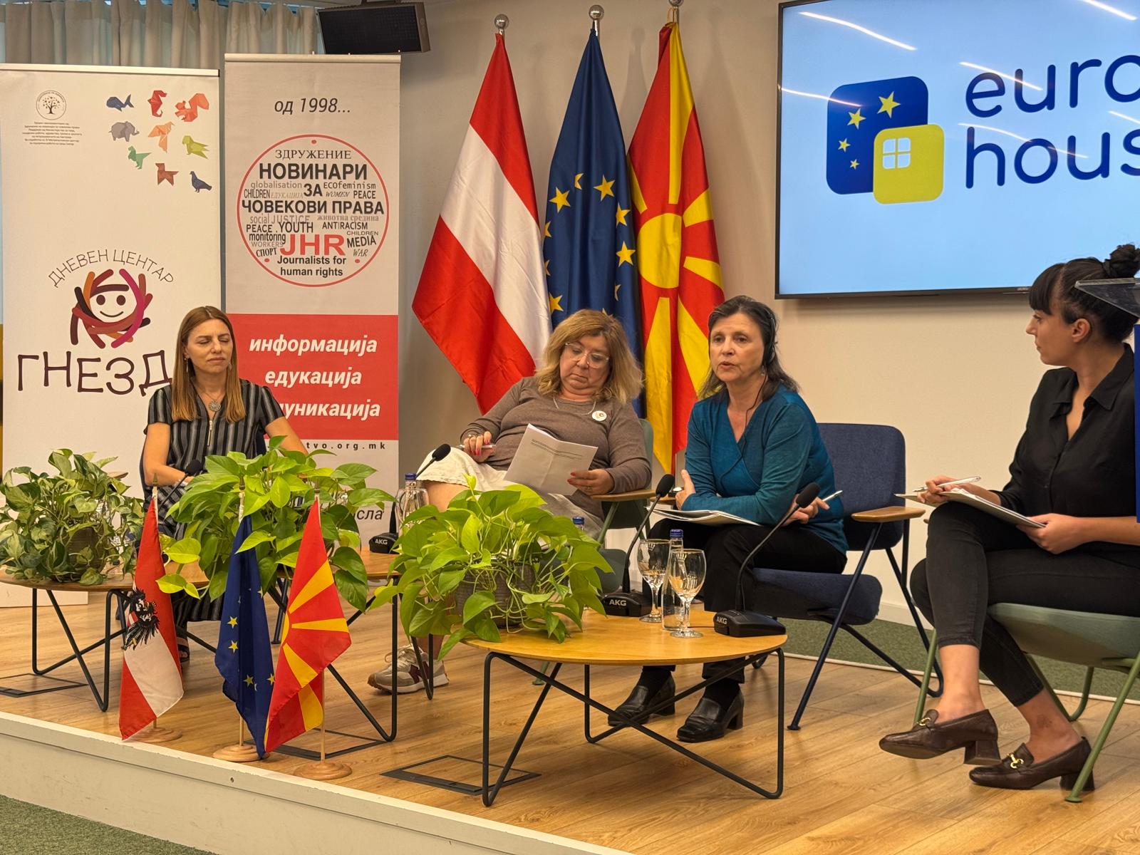Roundtable: Aleksandra Radevska (JHR), Natasha Dokovska (JHR), Astrid Winkler (ECPAT), Moderation